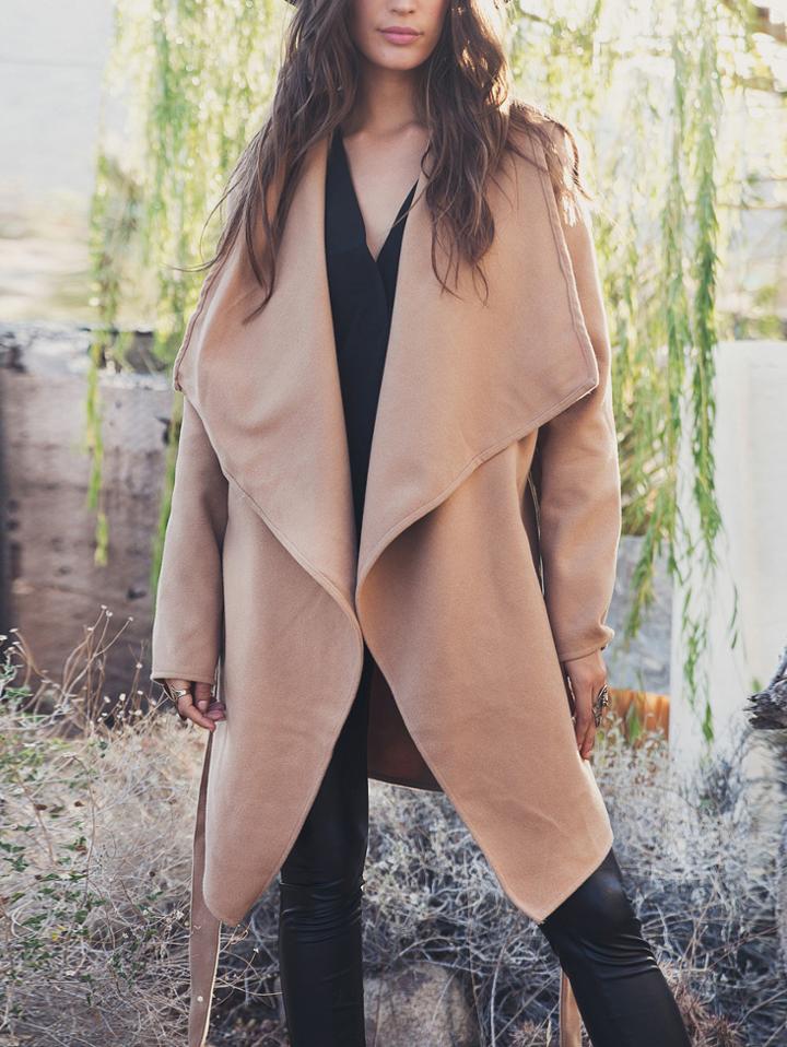 Romwe Camel Oversized Shawl Collar Belted Coat