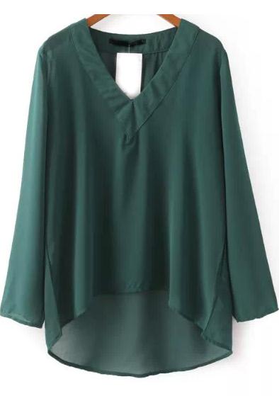Romwe Green V Neck Dipped Hem Blouse