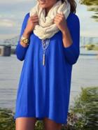 Romwe Blue Long Sleeve Straight Loose Dress