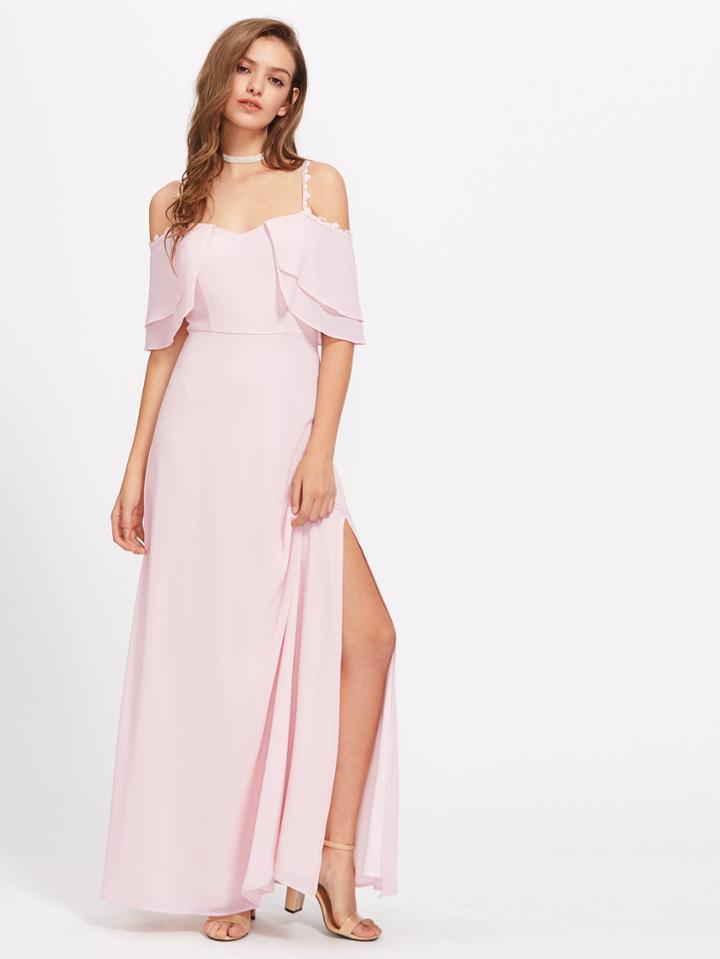 Romwe Lace Strap Layered Flounce Slit Dress