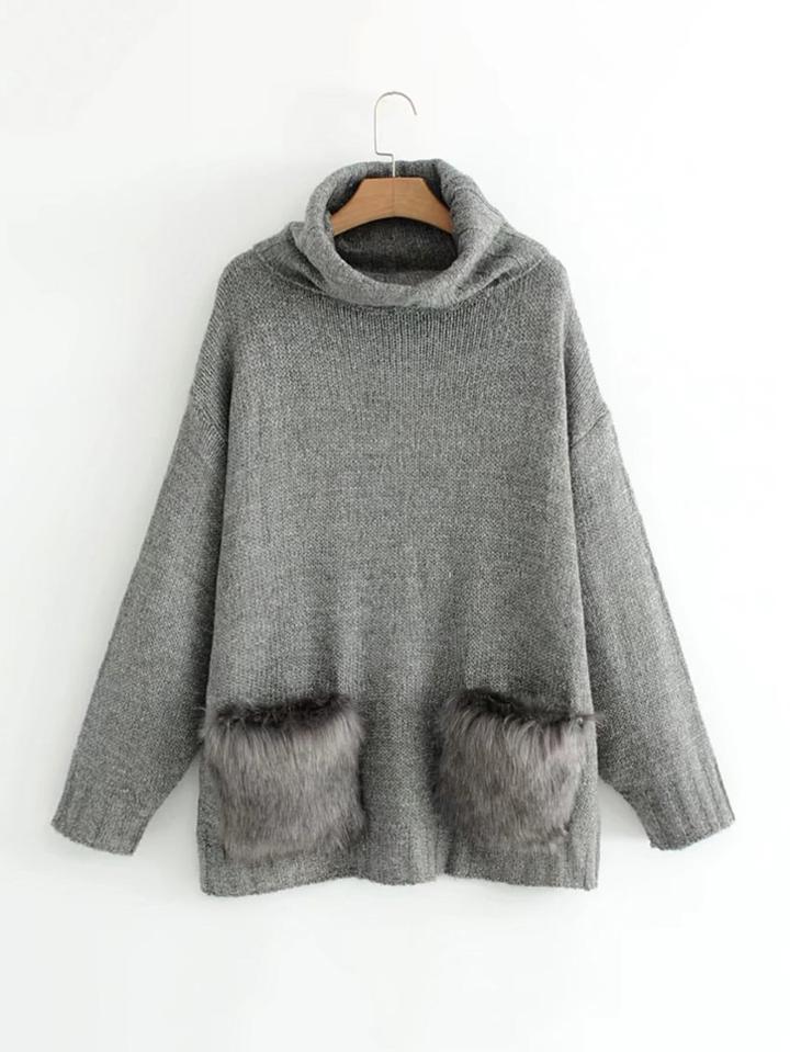 Romwe Faux Fur Embellished Pocket Turtleneck Sweater