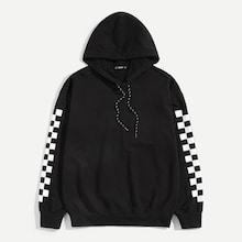 Romwe Men Gingham Print Sleeve Drawstring Hoodie