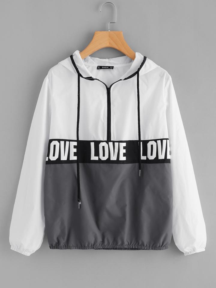 Romwe Zip Front Love Print Windbreaker Hoodie Jacket