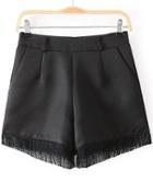 Romwe Pockets Tassel Black Shorts