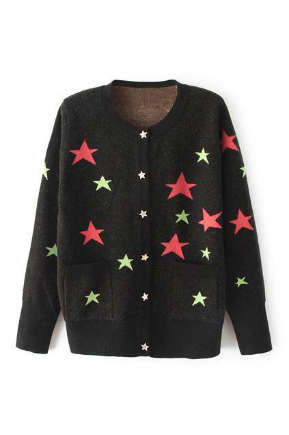 Romwe Star Print Pocketed Black Cardigan
