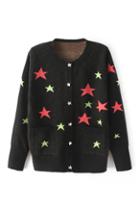 Romwe Star Print Pocketed Black Cardigan