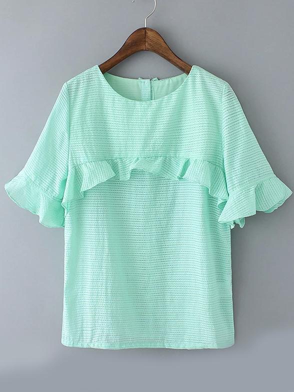 Romwe Ruffle Sleeve With Bow Buttons Green Top