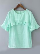 Romwe Ruffle Sleeve With Bow Buttons Green Top