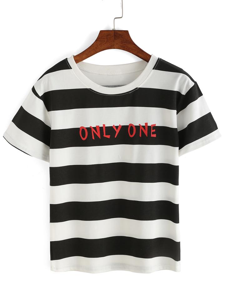 Romwe Striped Letter Print T-shirt