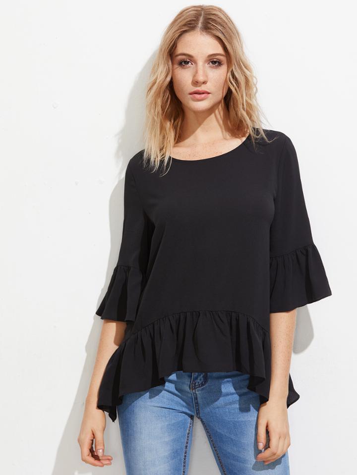 Romwe Trumpet Sleeve Frilled Hem Top
