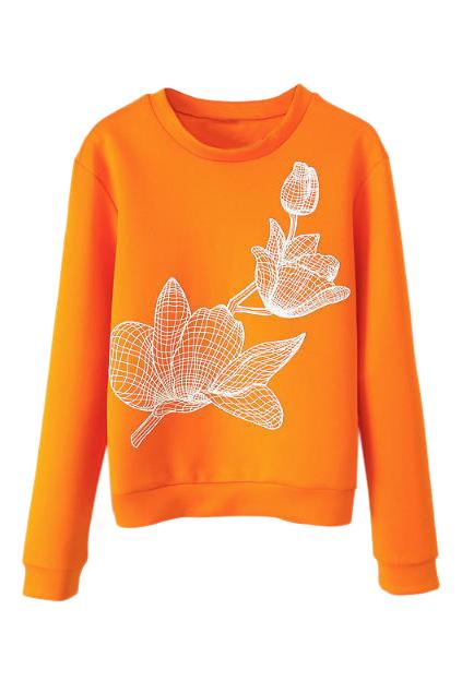 Romwe 3d Flower Print Orange Sweatshirt