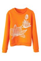 Romwe 3d Flower Print Orange Sweatshirt
