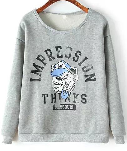 Romwe Dog Impression Print Grey Sweatshirt