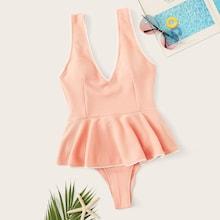 Romwe Deep Plunge Peplum Textured One Piece Swimsuit