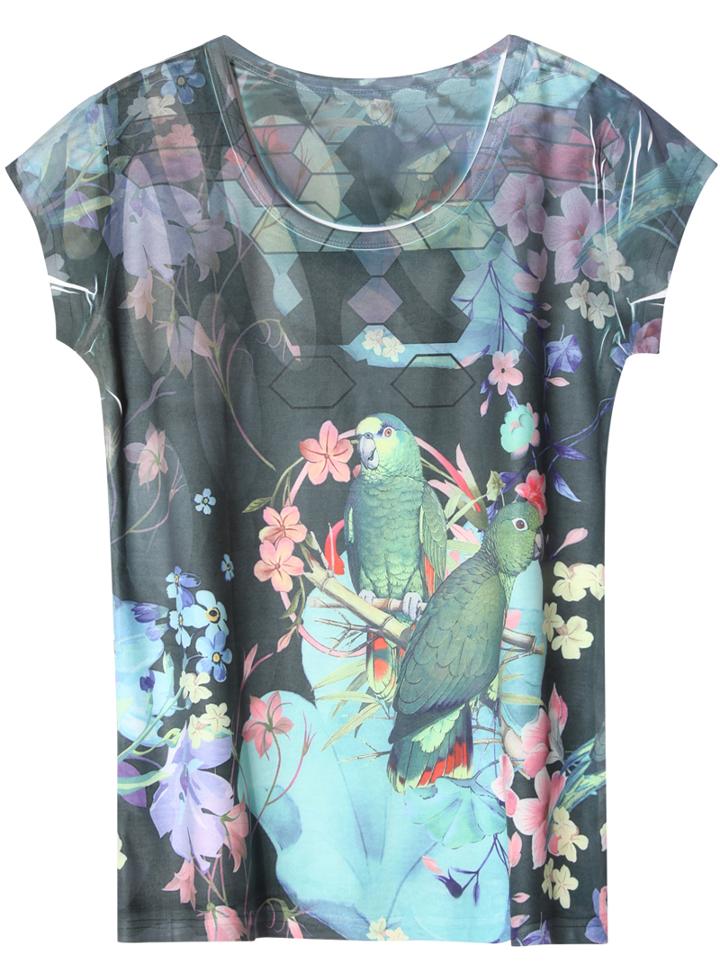 Romwe Round Neck Parrot Print Crop T-shirt