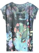 Romwe Round Neck Parrot Print Crop T-shirt