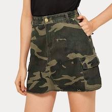 Romwe Camo Pattern Pocket Side Cargo Denim Skirt