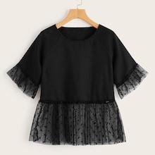 Romwe Plus Contrast Lace Ruffle Hem Tee