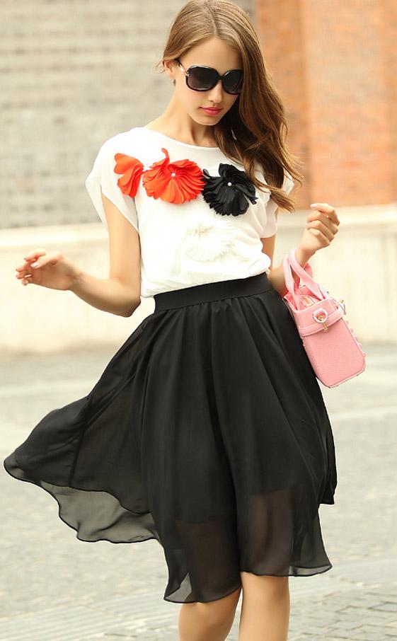 Romwe Round Neck Applique Chiffon Dress