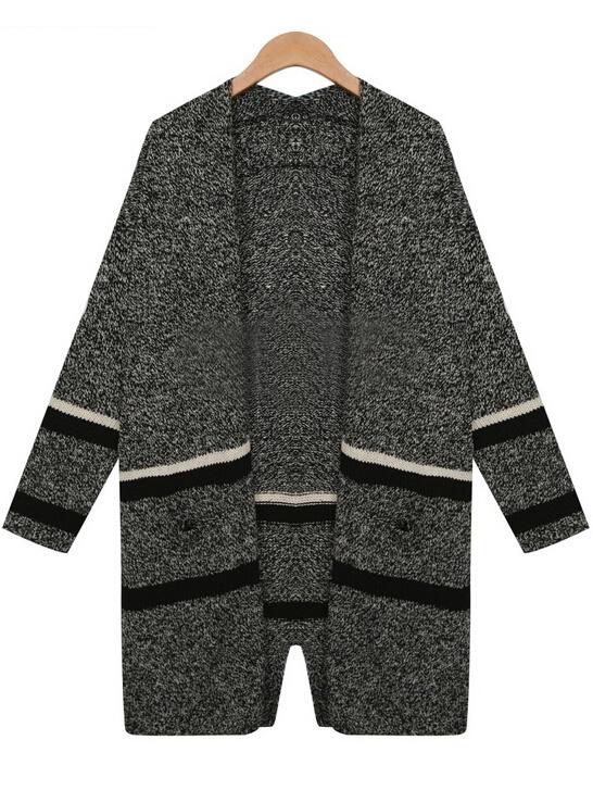 Romwe Striped Pockets Black Coat