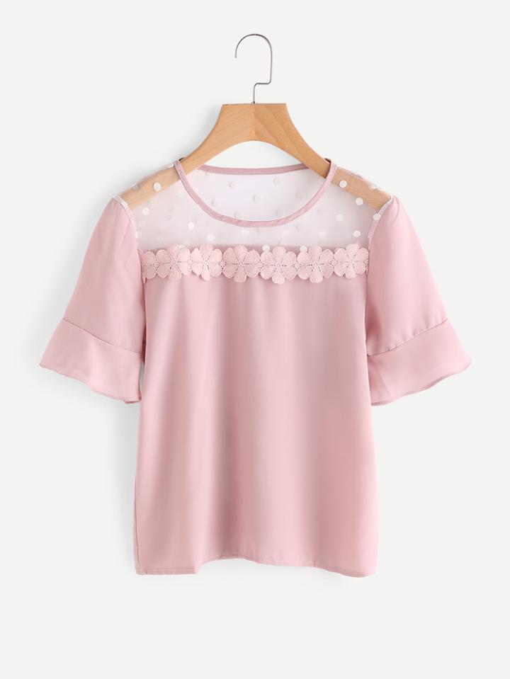 Romwe Mesh Insert Flower Lace Trim Blouse