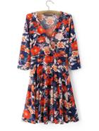 Romwe Multicolor V Neck Floral Pleated Dress