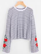 Romwe Flower Embroidered Striped Tee