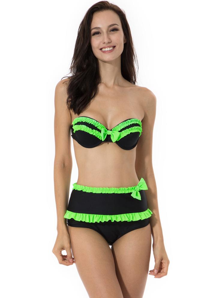 Romwe Neon Green High Waist Ruffles And Bows Bikini Set