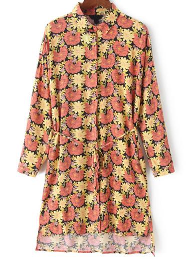 Romwe Dip Hem Lapel Florals Split Side Shirt Dress