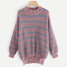 Romwe Ripped Detail  Dip Hem Striped Jumper