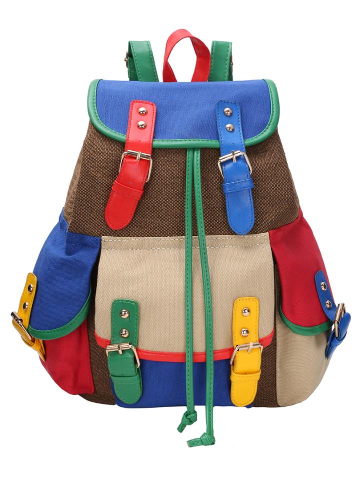 Romwe Multicolor Buckled Canvas Backpack