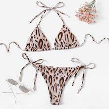 Romwe Random Cheetah Print Self Tie Bikini Set