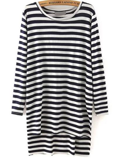 Romwe Striped High Low Slit Side T-shirt