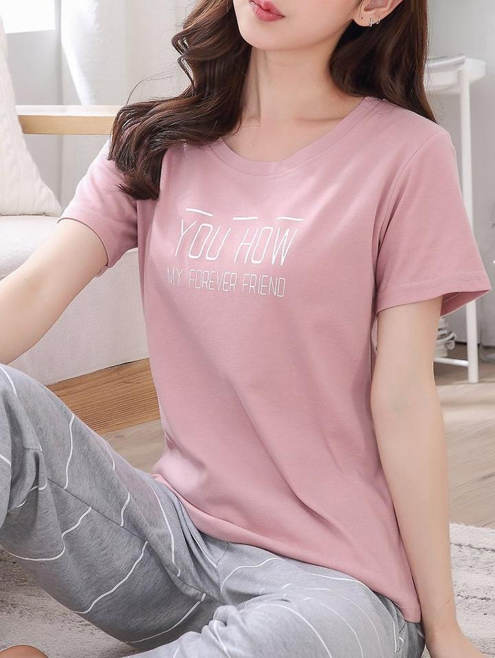 Romwe Letter Print Top & Striped Pants Pj Set