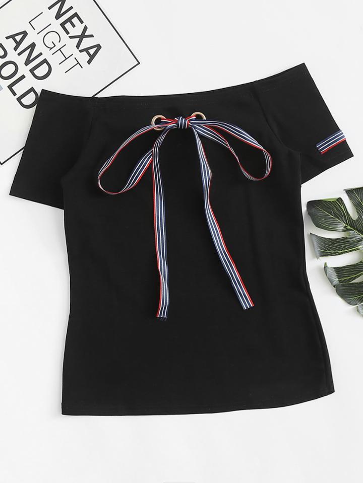 Romwe Off Shoulder Tie Neck Tee