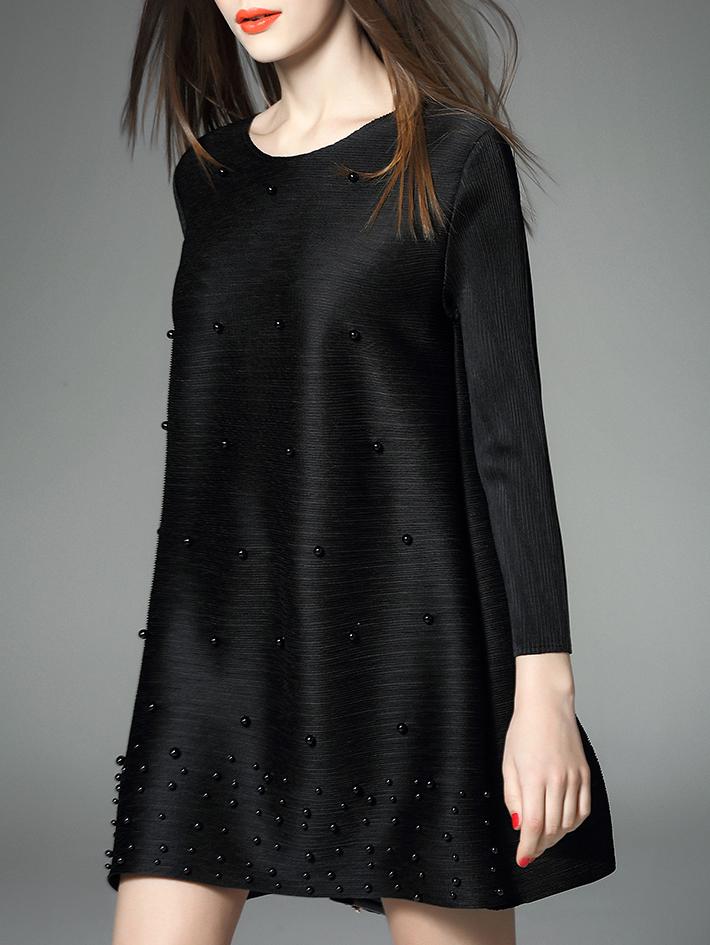 Romwe Black Beading Pleated Elastic Shift Dress