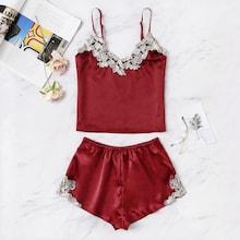 Romwe Appliques Satin Cami Top With Shorts