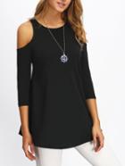 Romwe Open Shoulder 3/4 Sleeve Swing Black T-shirt