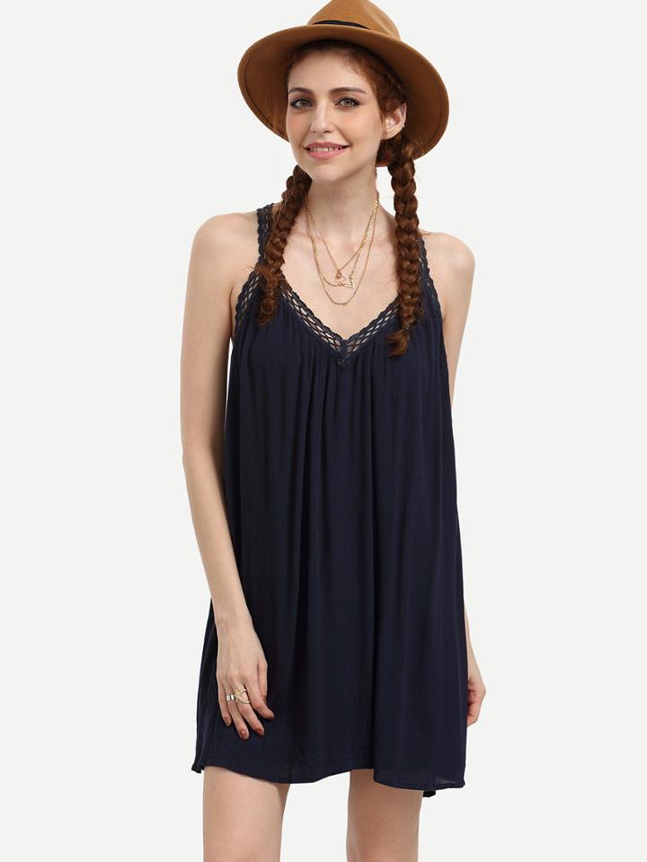 Romwe Navy Lace Trimmed Crepe Dress