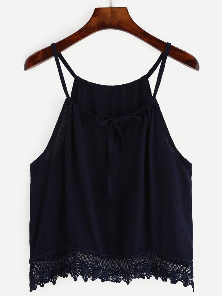 Romwe Navy Crochet Trim Tie Neck Cami Top