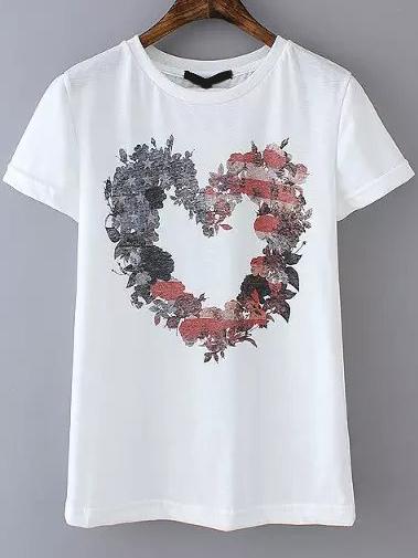 Romwe Round Neck Heart Print White T-shirt
