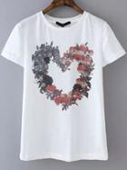 Romwe Round Neck Heart Print White T-shirt