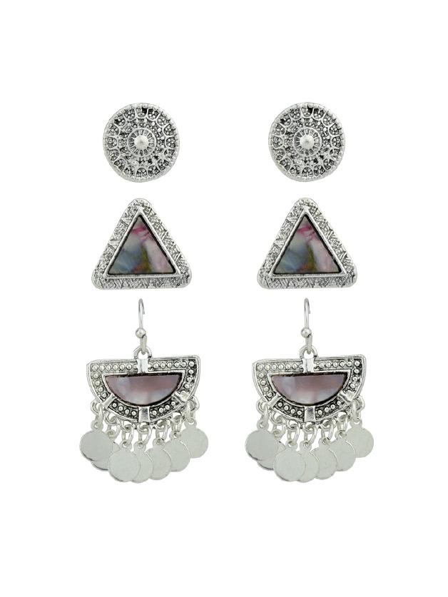 Romwe 3 Pairs/set Bohemian Silver Color Earrings Set