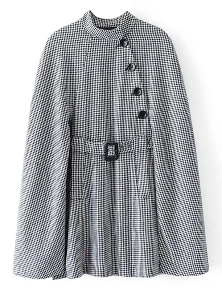 Romwe Belted Longline Houndstooth Cape Coat