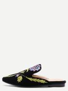 Romwe Black Floral Embroidered Velvet Loafer Slippers