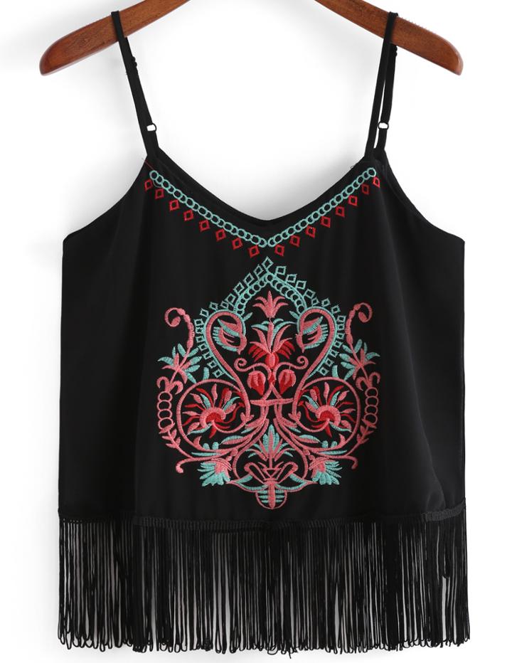 Romwe Spaghetti Strap With Tassel Embroidered Cami Top