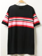 Romwe Striped Loose-fit T-shirt - Black
