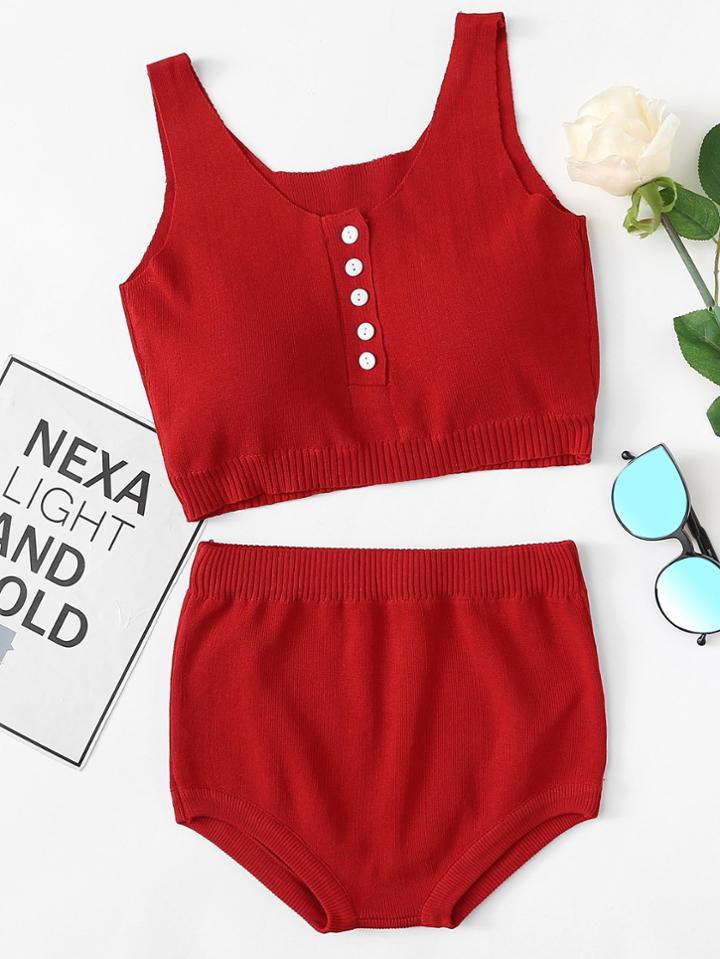 Romwe Single Breasted Knit Crop Top With Shorts
