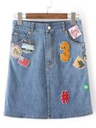 Romwe Blue Embroidery Zipper Pocket Denim Knee Skirt