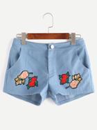 Romwe Blue Flower Patch Denim Shorts